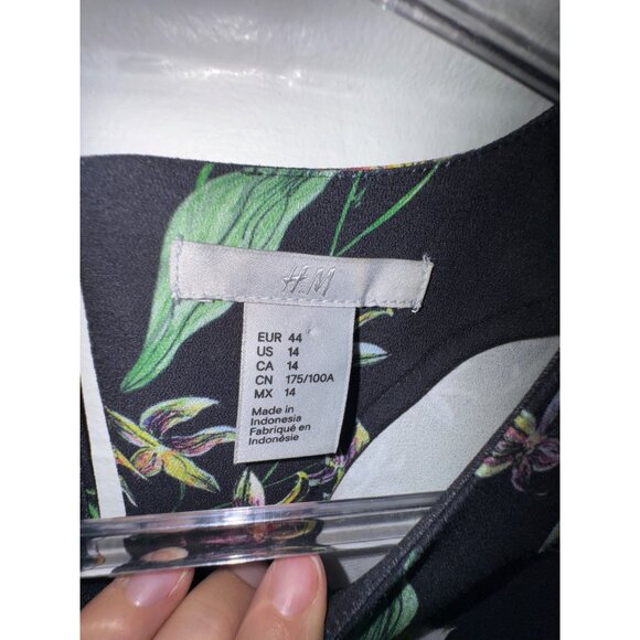 Floral Black Long-Sleeve Dress By H&M Size 14 Boho‎ Hippie Classic Cute Large - Picture 6 of 9